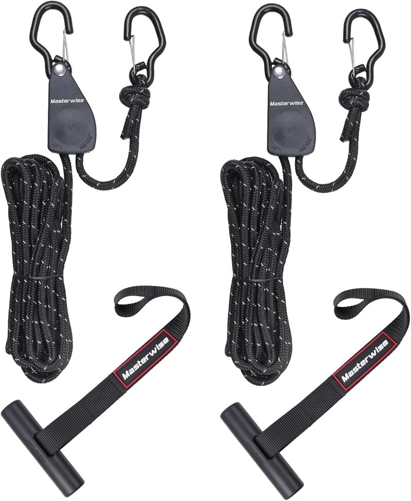 Masterwise 2 PCS Kayak Tie Down Straps with Reflective Stripe & 2 PCS Quick Hood Loops, Rope Tie Down Ratchet Straps Canoe Bow and Stern Rope Hanger Kayak and Canoe Accessories, Black - Image 1